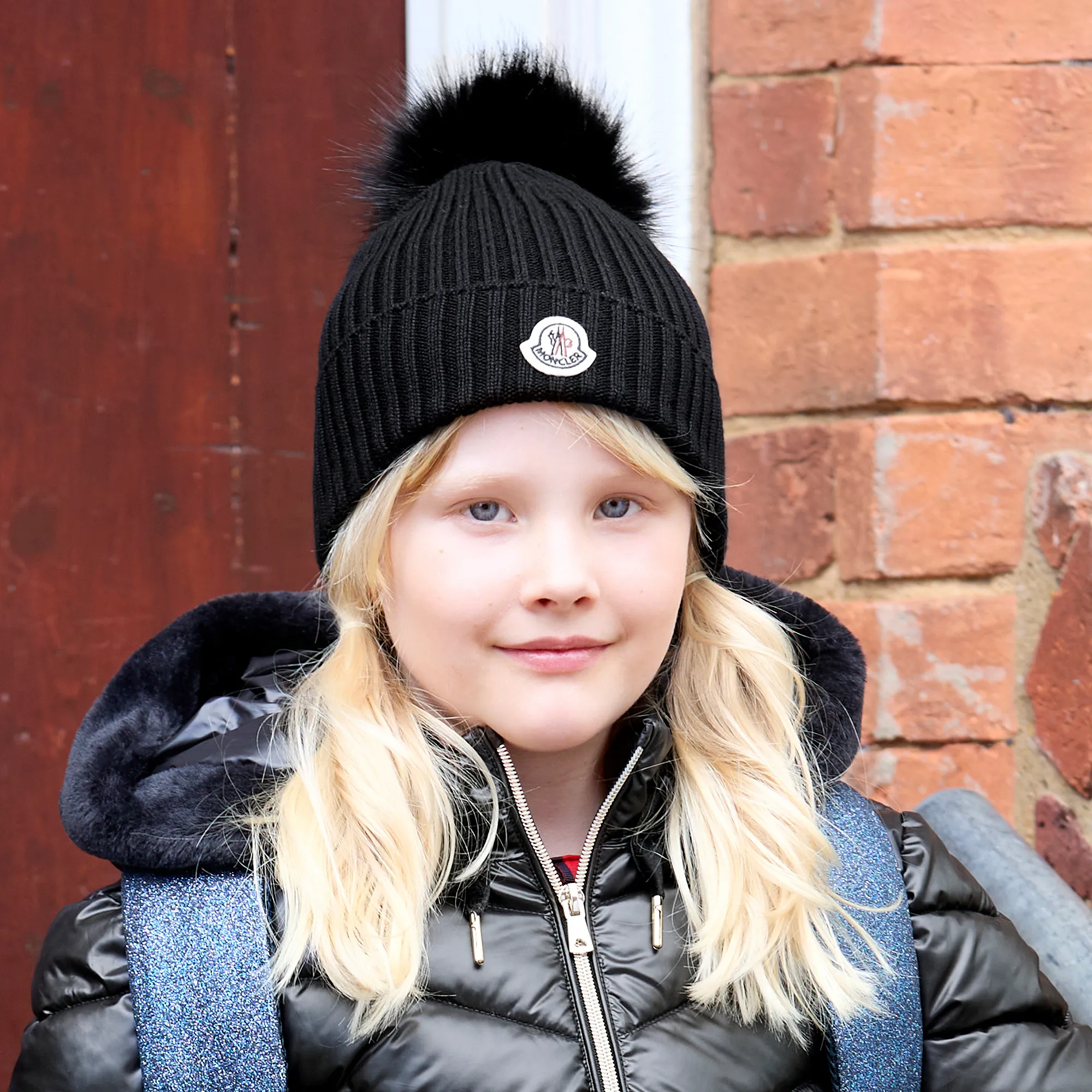 Girls Black Wool Pom-Pom Hat