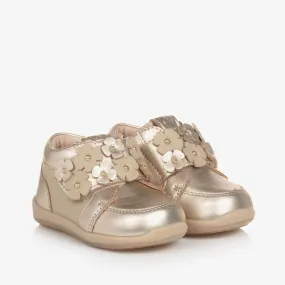 Girls Gold Leather Floral Trainers