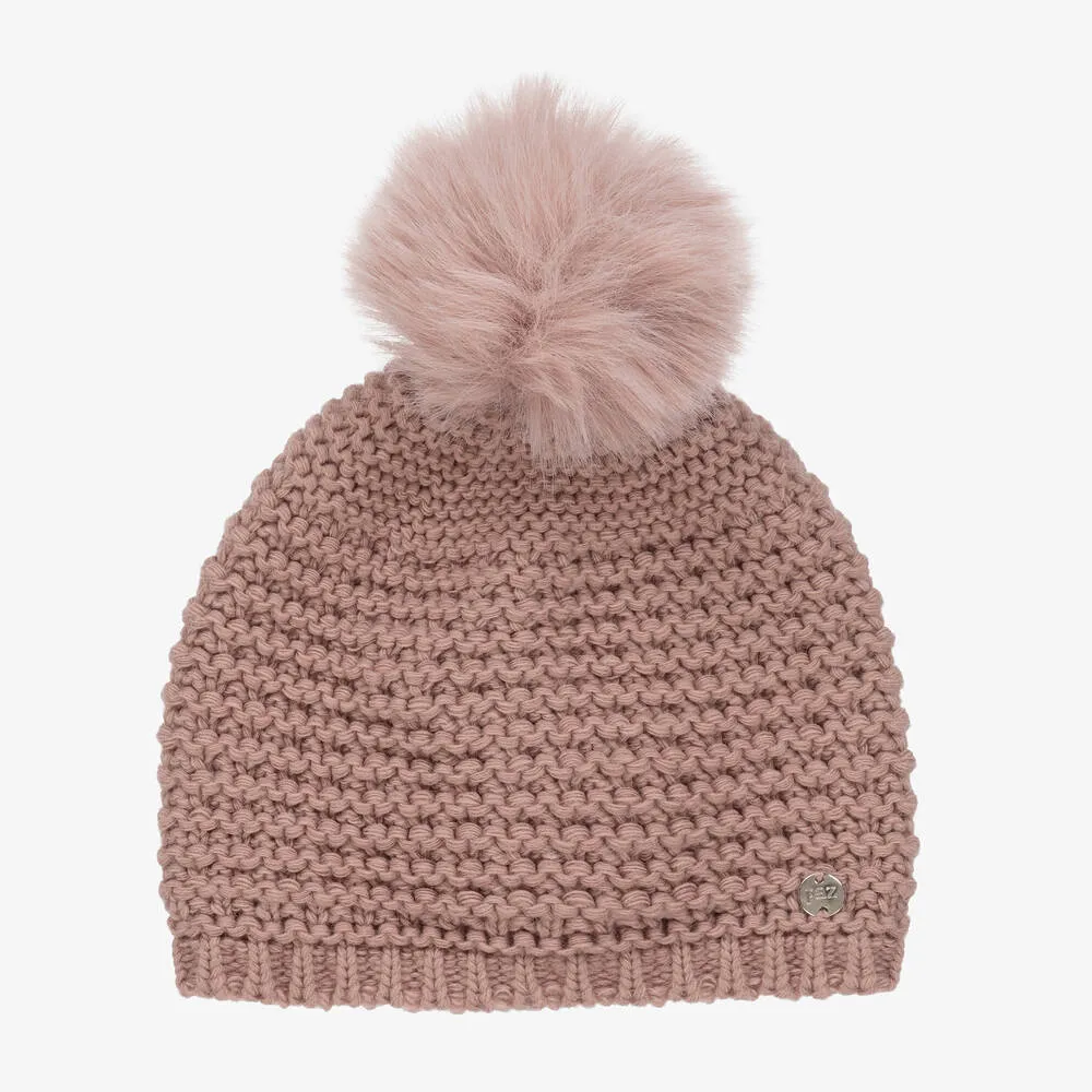 Girls Pink Wool Knit Pom-Pom Hat