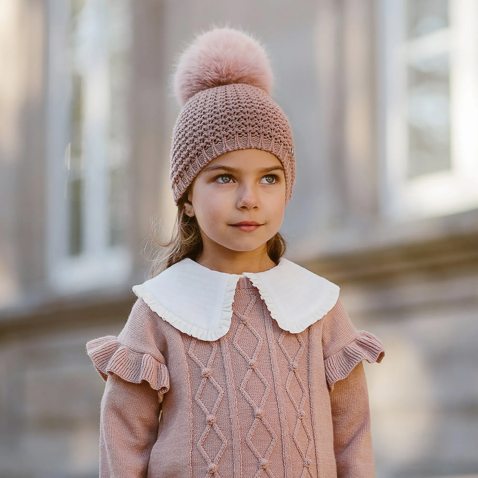 Girls Pink Wool Knit Pom-Pom Hat