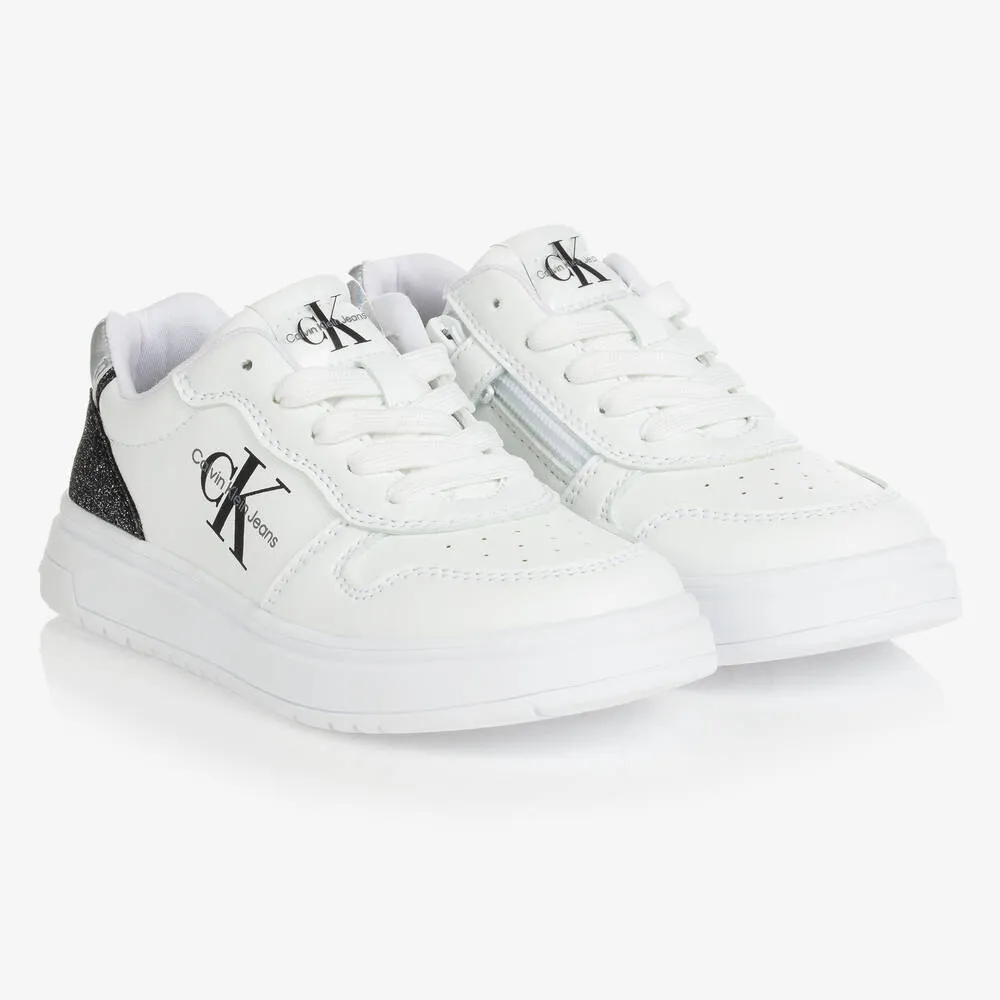 Girls White & Black Glitter Logo Trainers