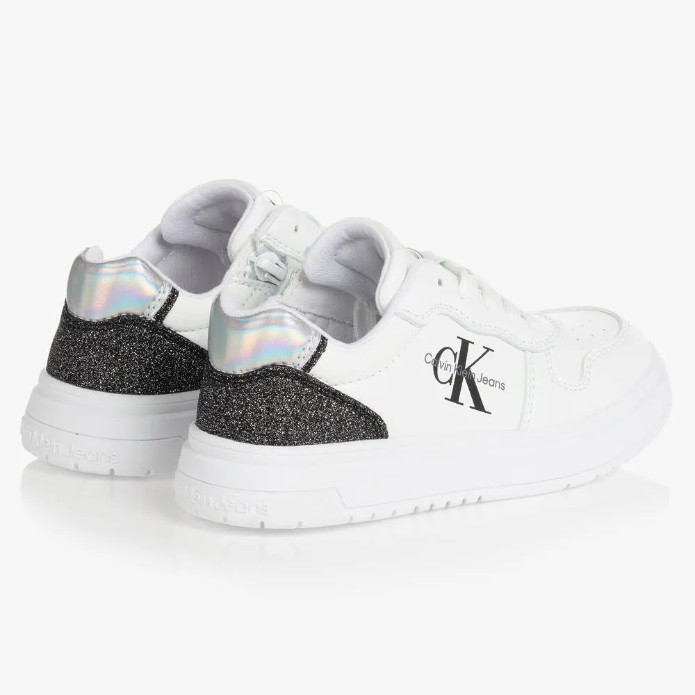 Girls White & Black Glitter Logo Trainers