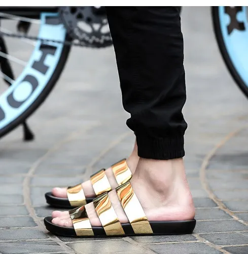 Gold Metal Shiny Tri Straps Mens Gladiator Roman Sandals