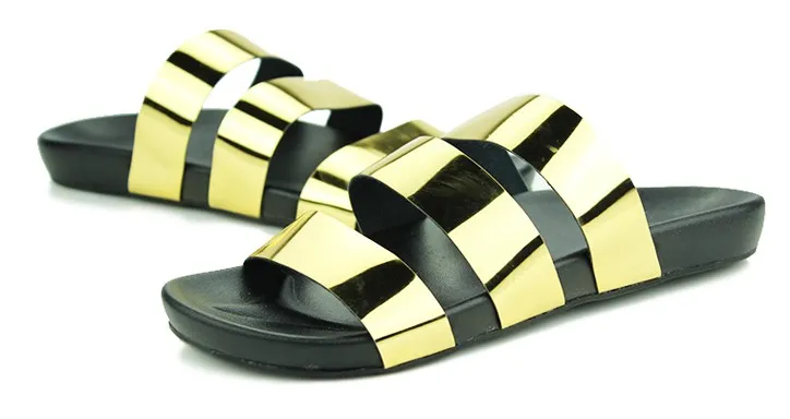 Gold Metal Shiny Tri Straps Mens Gladiator Roman Sandals