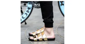 Gold Metal Shiny Tri Straps Mens Gladiator Roman Sandals