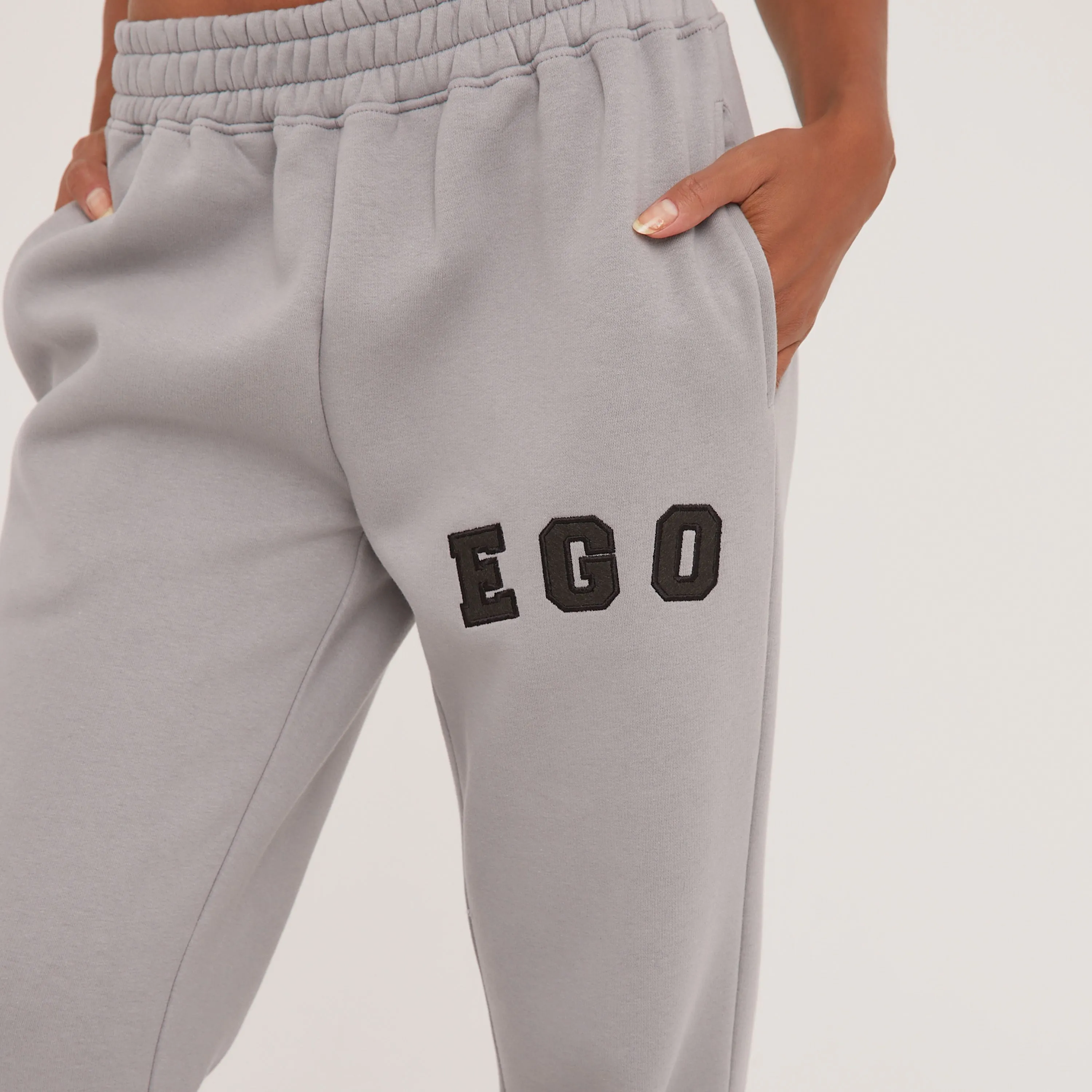 High Waist Ego Graphic Slogan Wide Leg Slouchy Joggers In Grey