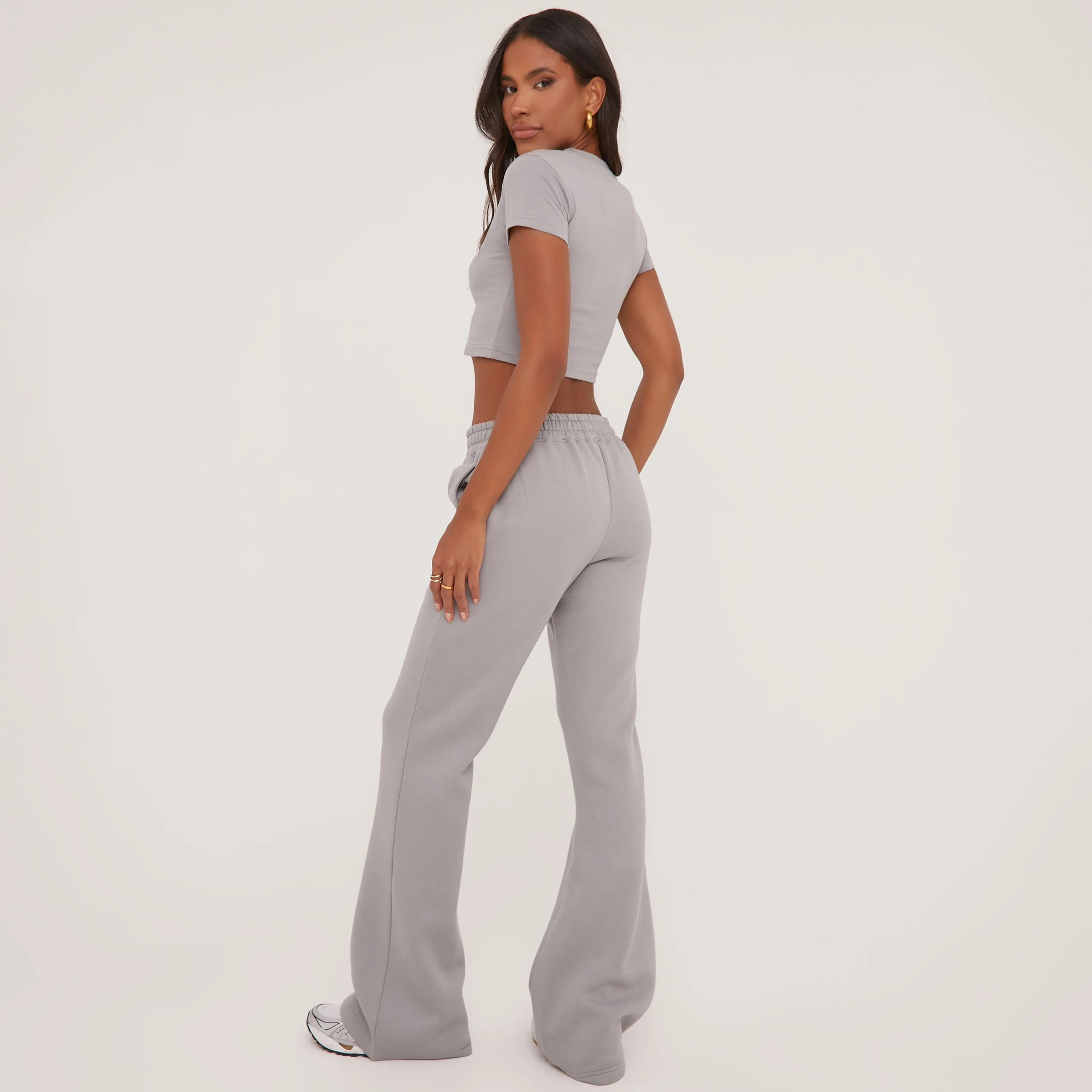 High Waist Ego Graphic Slogan Wide Leg Slouchy Joggers In Grey