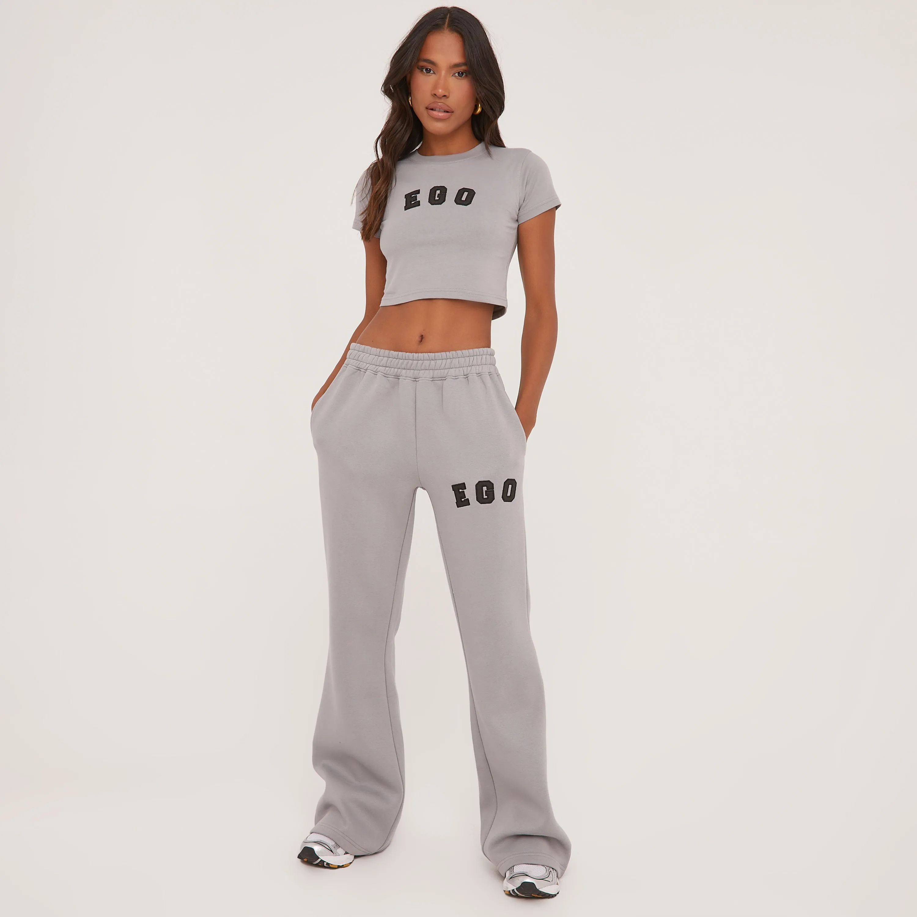 High Waist Ego Graphic Slogan Wide Leg Slouchy Joggers In Grey