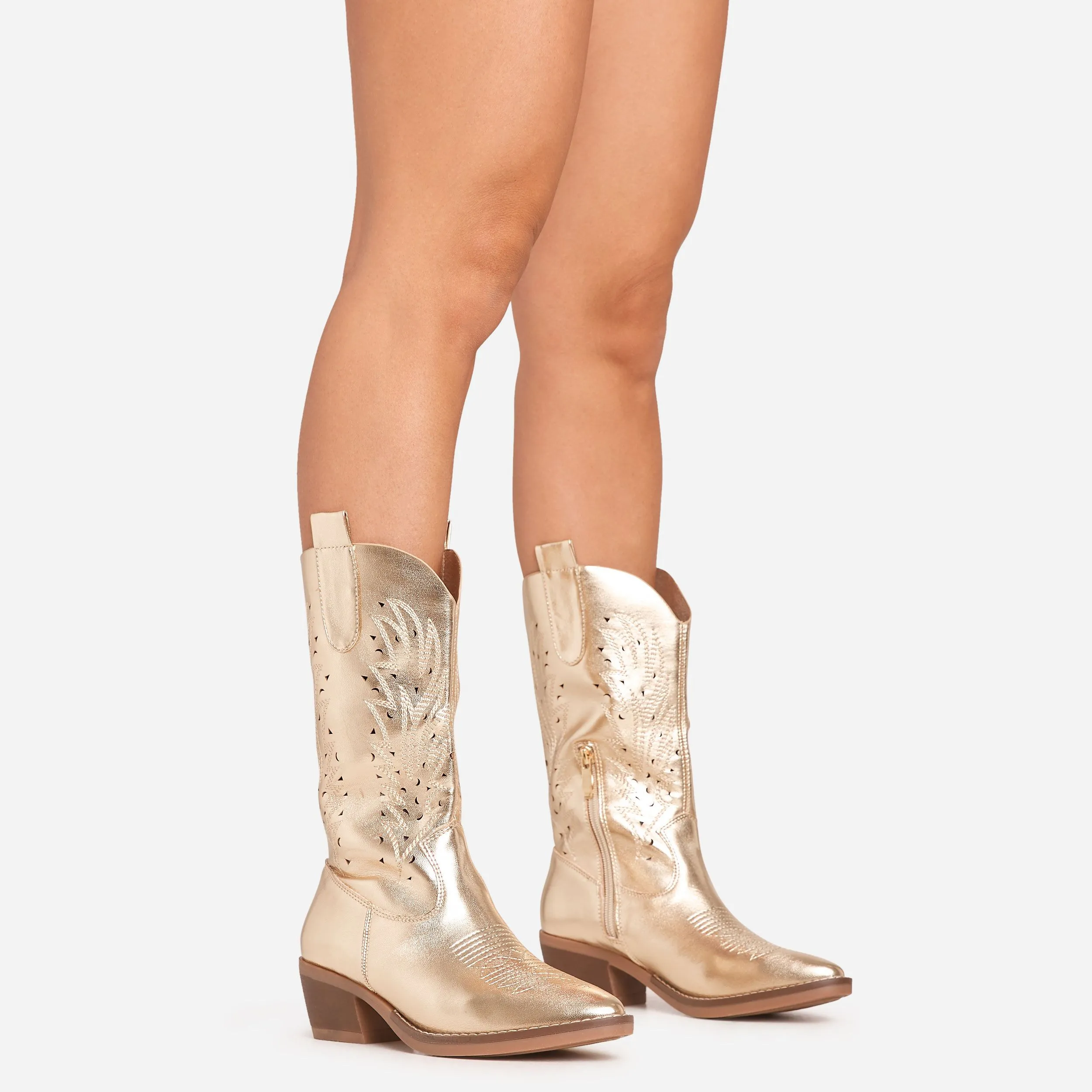 Kelly Cut Out Detail Pointed Toe Mid Calf Western Cowboy Boot In Gold Faux Leather