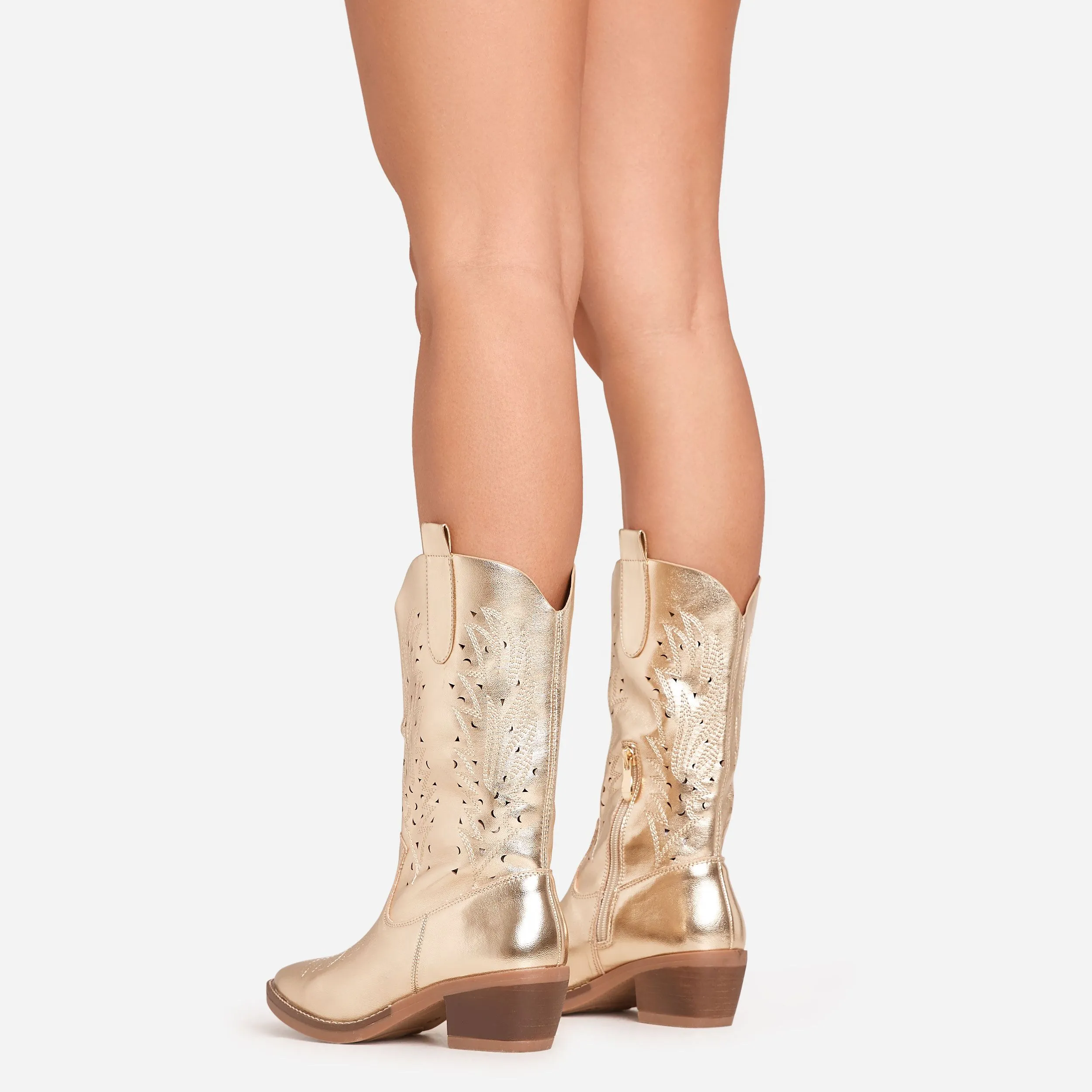 Kelly Cut Out Detail Pointed Toe Mid Calf Western Cowboy Boot In Gold Faux Leather