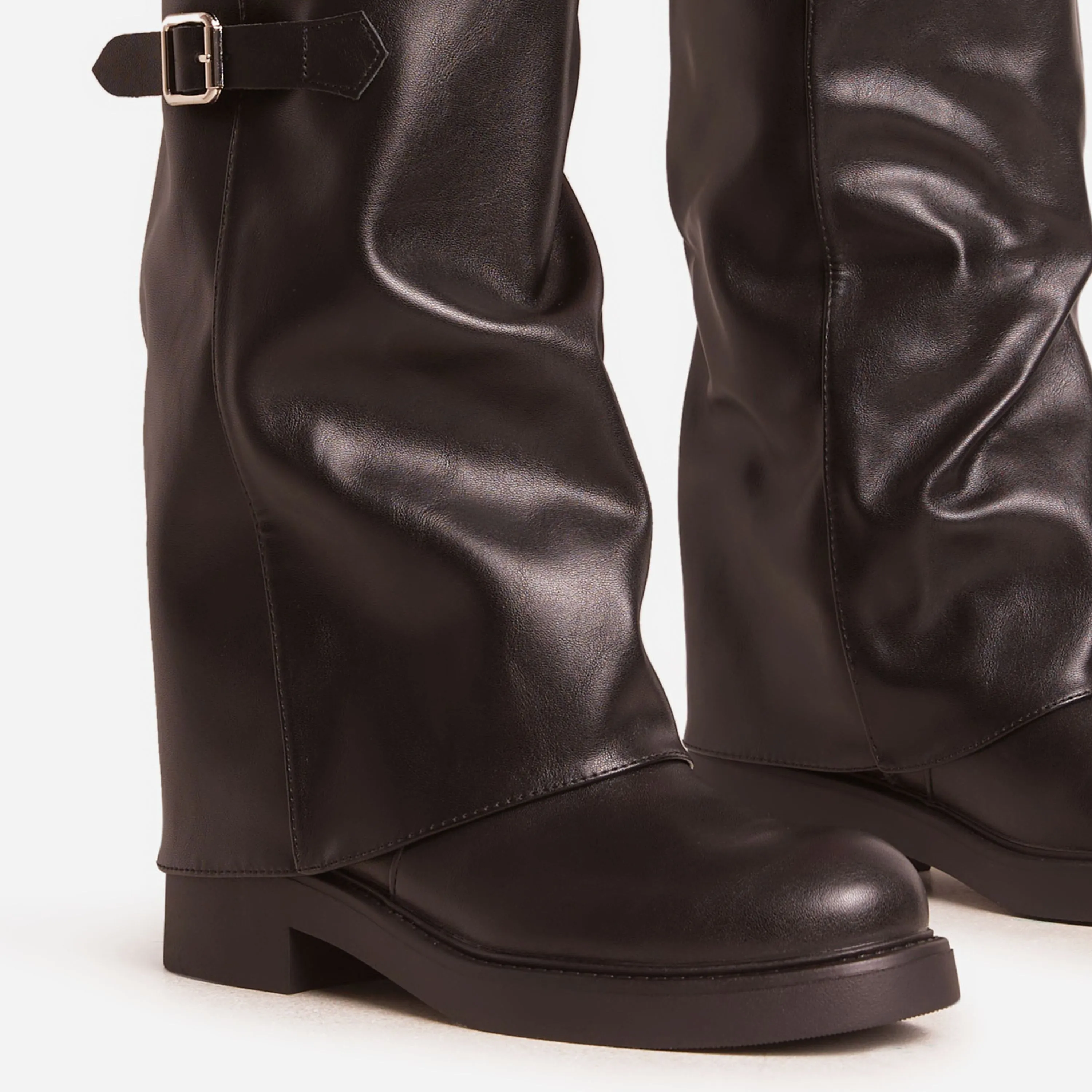 Kole Side Buckle Detail Chunky Sole Mid Calf Biker Boot In Black Faux Leather