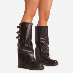 Kole Side Buckle Detail Chunky Sole Mid Calf Biker Boot In Black Faux Leather