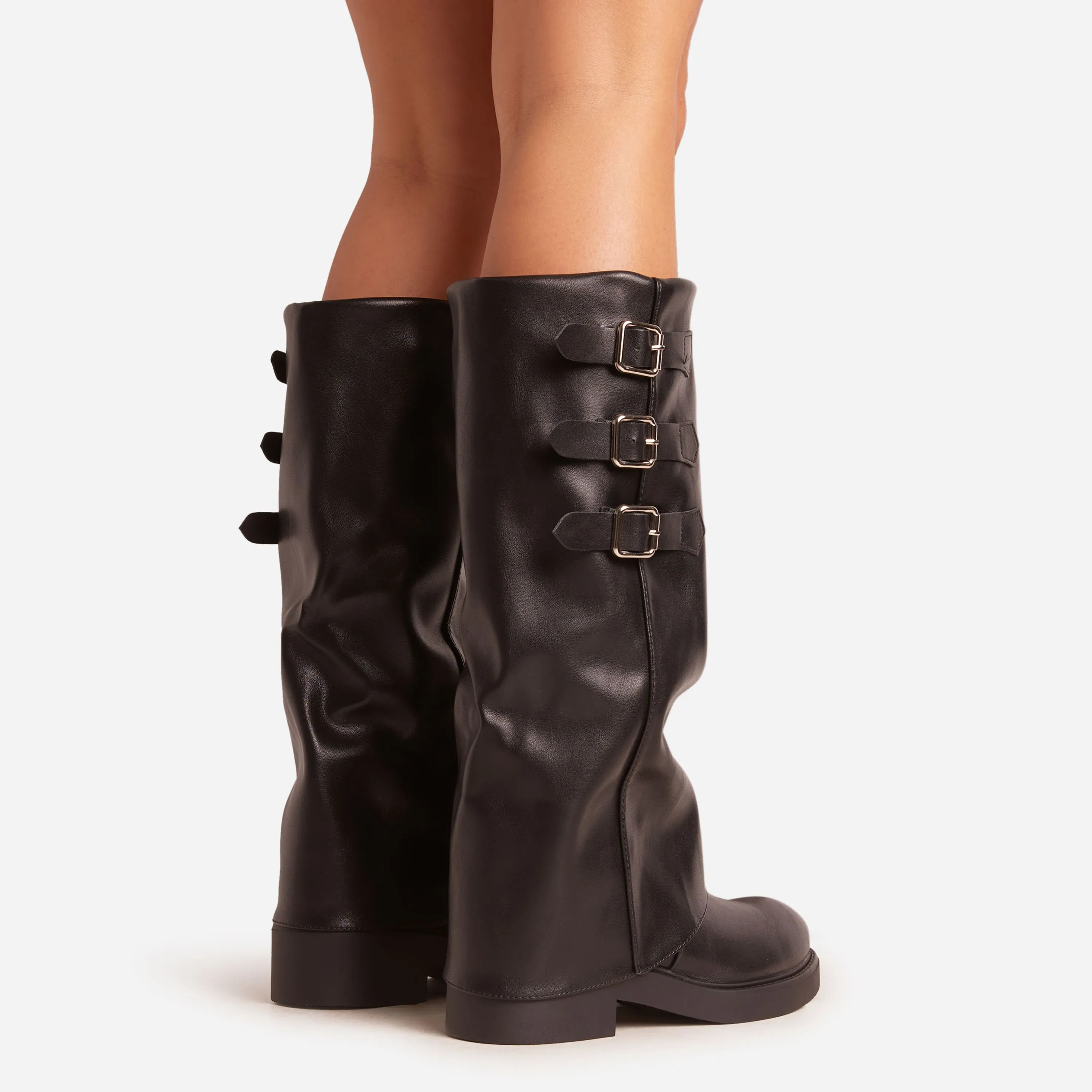 Kole Side Buckle Detail Chunky Sole Mid Calf Biker Boot In Black Faux Leather