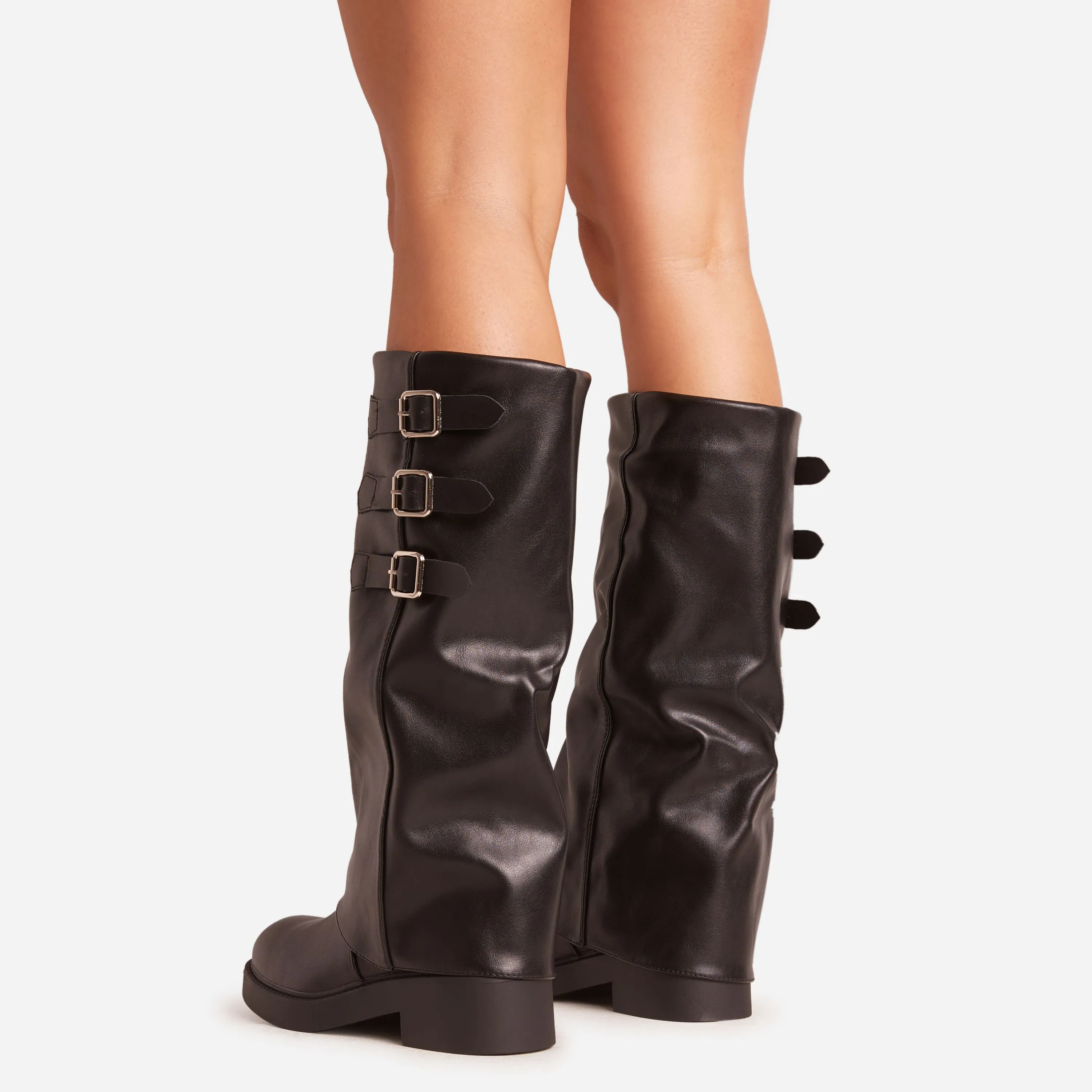 Kole Side Buckle Detail Chunky Sole Mid Calf Biker Boot In Black Faux Leather