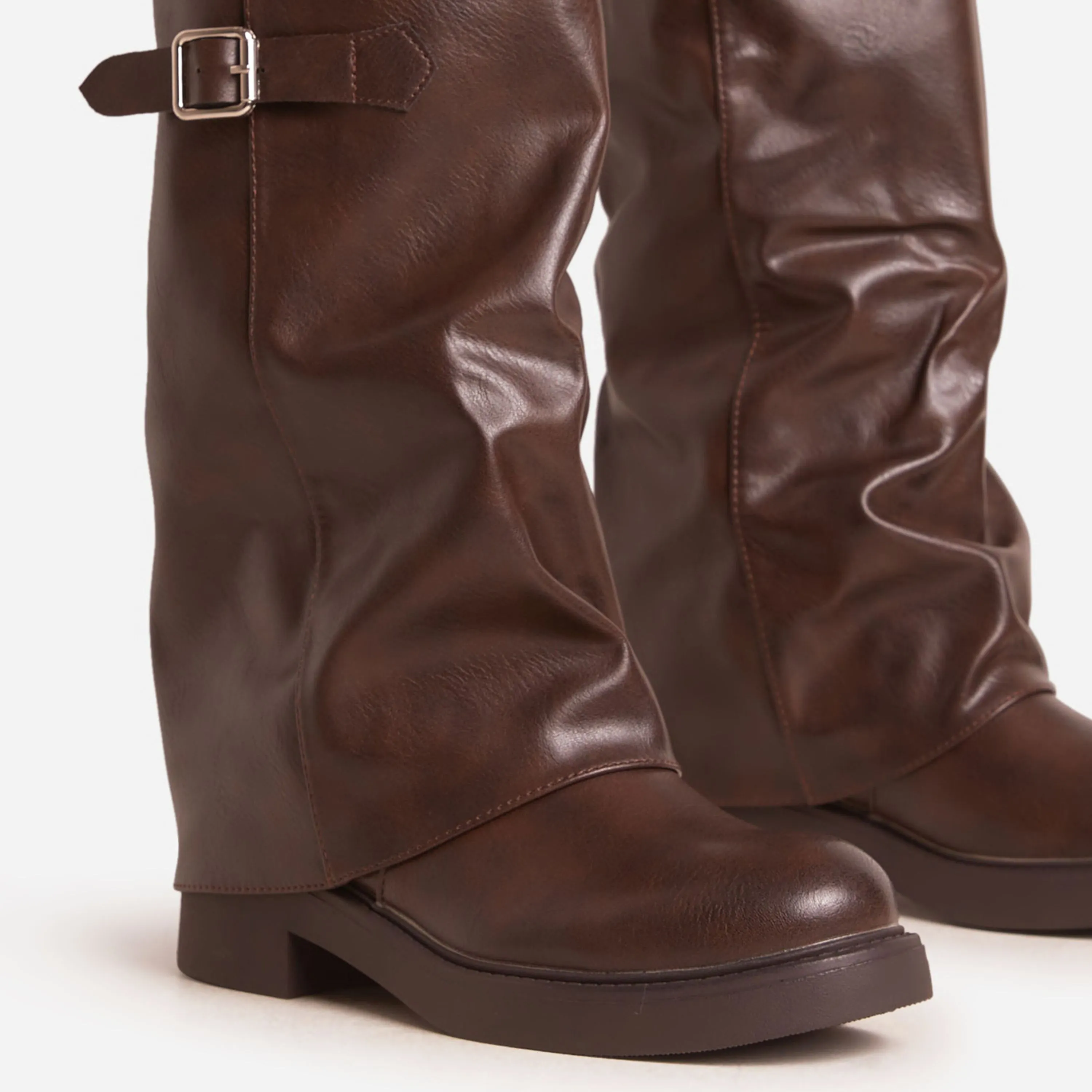 Kole Side Buckle Detail Chunky Sole Mid Calf Biker Boot In Brown Faux Leather