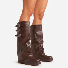 Kole Side Buckle Detail Chunky Sole Mid Calf Biker Boot In Brown Faux Leather