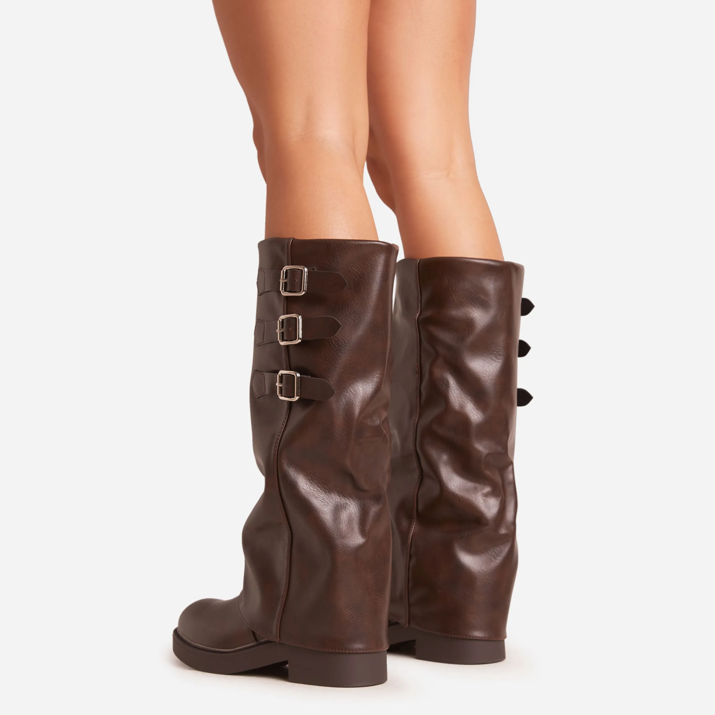 Kole Side Buckle Detail Chunky Sole Mid Calf Biker Boot In Brown Faux Leather