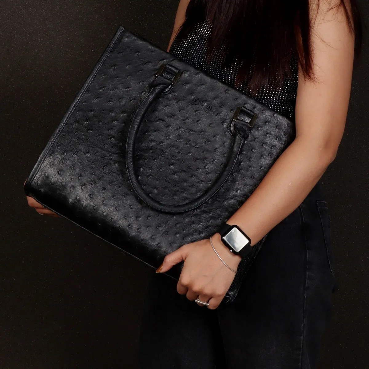 Large Hand Bag/Shopping Bag in Black Real Ostrich Leather