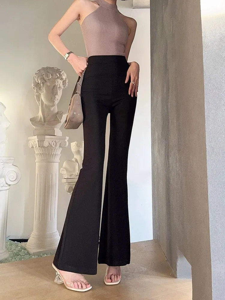 Light fabric tone tall trousers summer thin high-waist slim stretch floor-length trousers drapey wide-legged large bell-bottom t