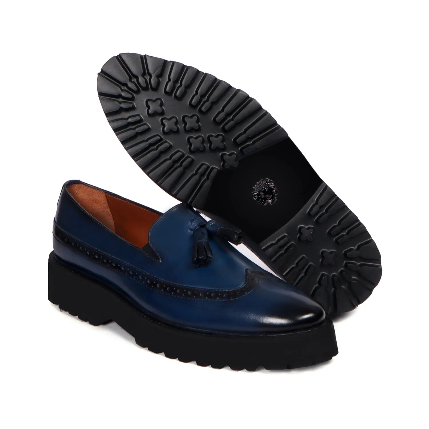 Light Weight Punching Brogue Blue Genuine Leather Tassel Shoes For Men By Brune & Bareskin