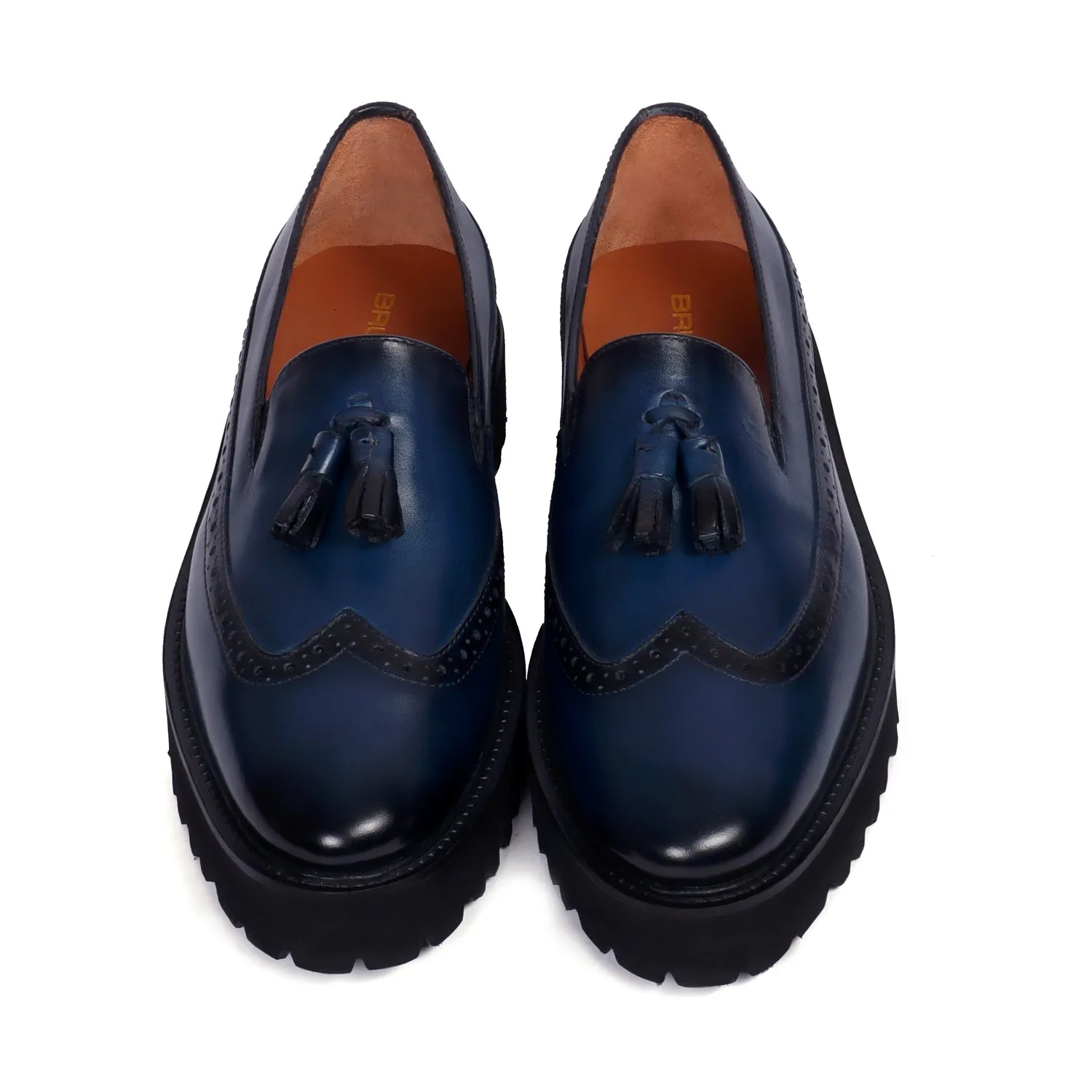 Light Weight Punching Brogue Blue Genuine Leather Tassel Shoes For Men By Brune & Bareskin