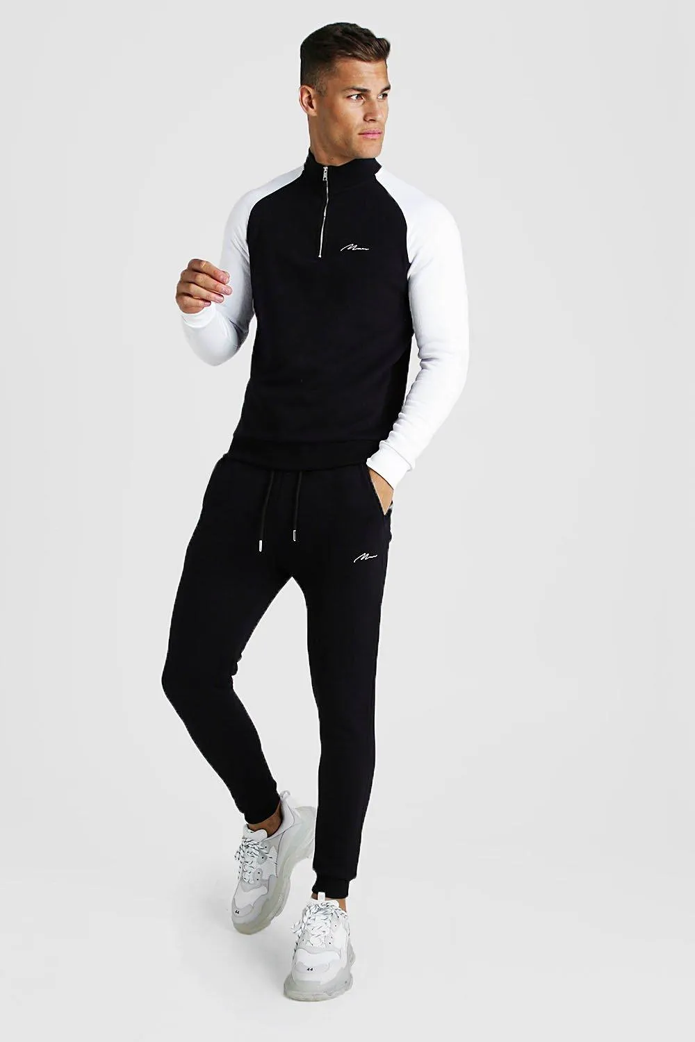 MAN Signature Half Zip Contrast Sleeves Tracksuit | boohooMAN UK