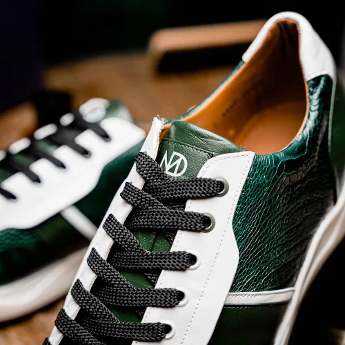 Marco Di Milano Lyon Hand-Painted Two tone Green/White Ostrich & Calfskin Sneakers