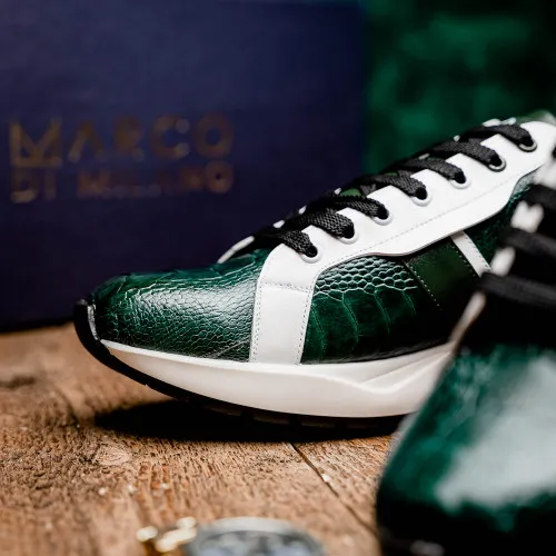 Marco Di Milano Lyon Hand-Painted Two tone Green/White Ostrich & Calfskin Sneakers