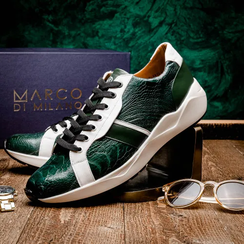 Marco Di Milano Lyon Hand-Painted Two tone Green/White Ostrich & Calfskin Sneakers