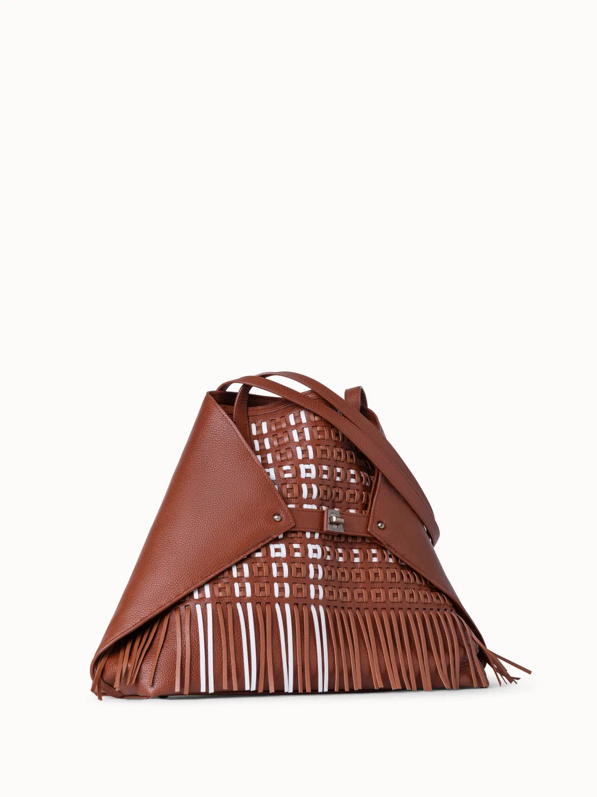 Medium Ai Shoulder Bag in Woven Leather with Fringes