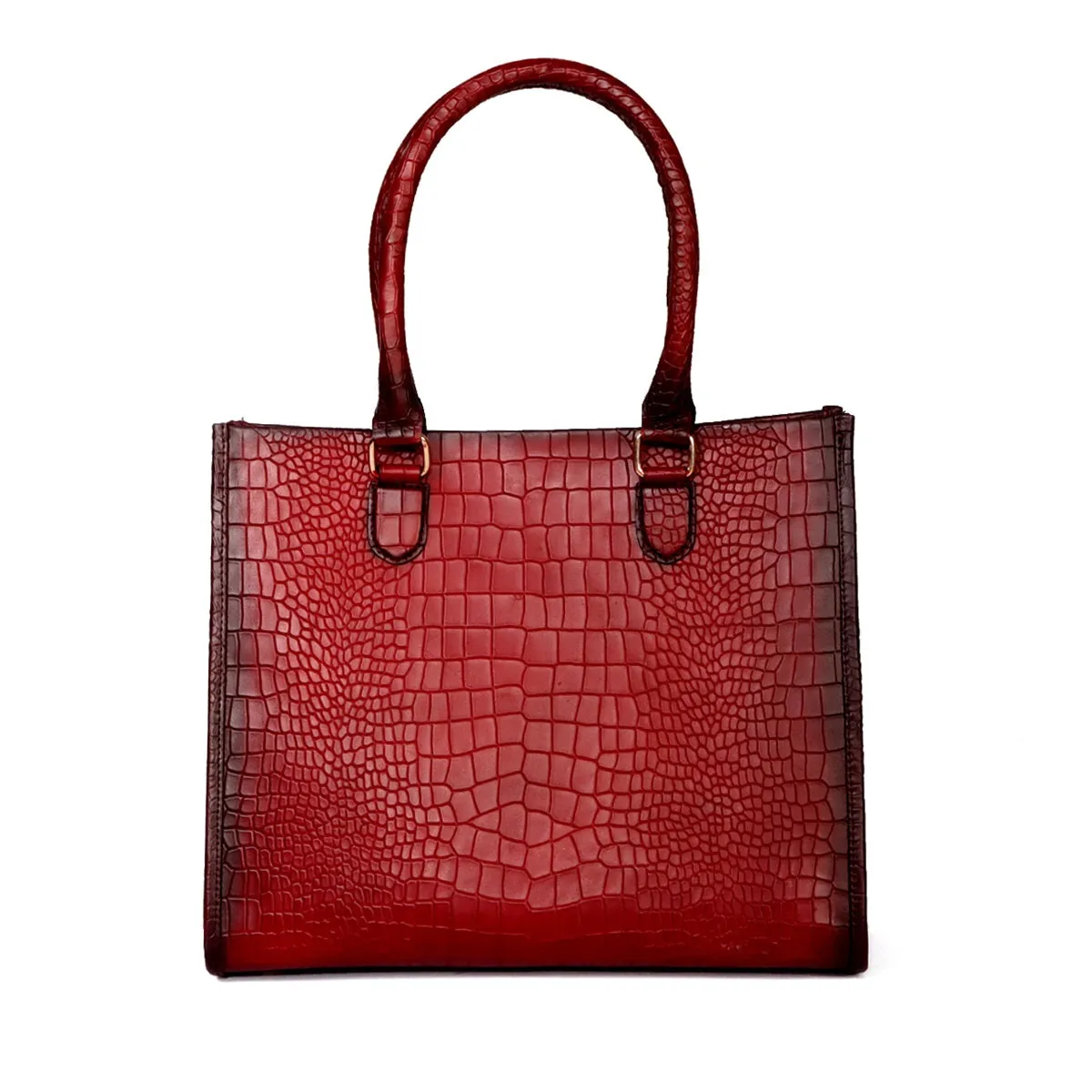 Medium Sized Hand Bag In Wine Croco Textured Leather