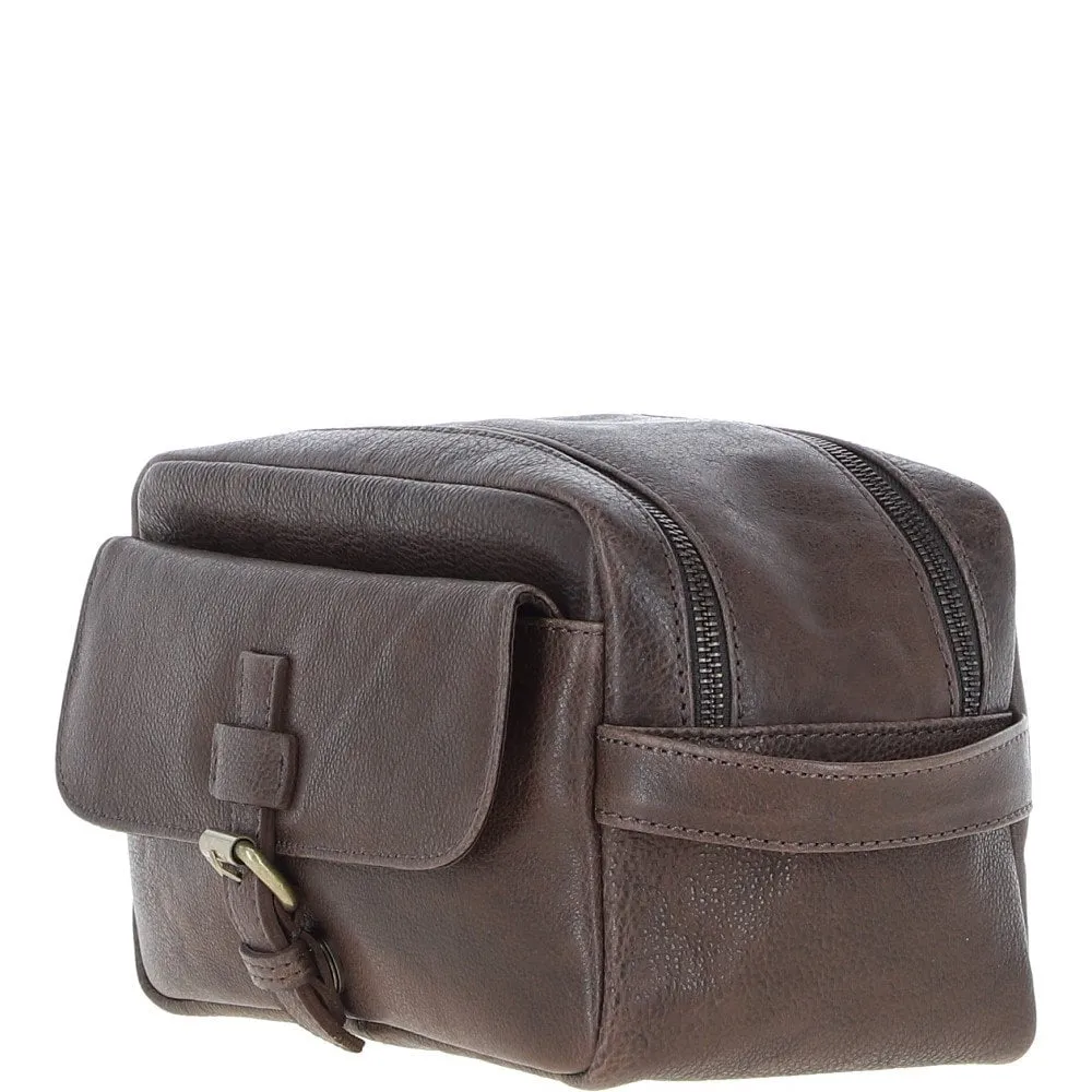 Mens Leather Toiletry Wash Bag Brown: Row