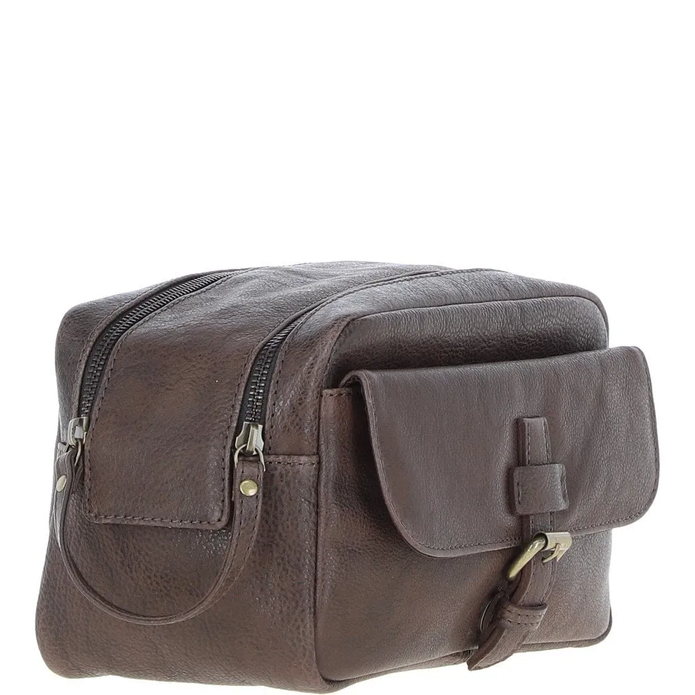 Mens Leather Toiletry Wash Bag Brown: Row