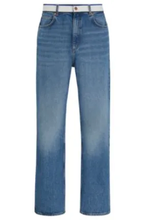 Mid-blue denim jeans with logo-tape waist