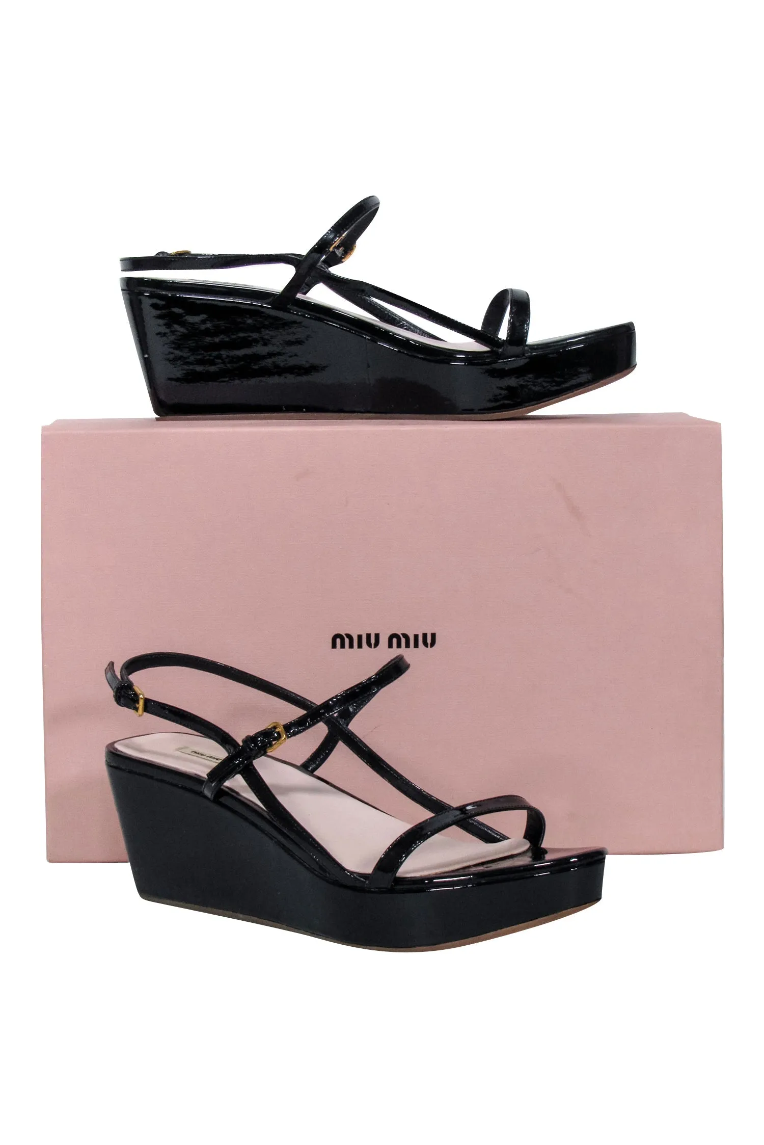 Miu Miu - Black Patent Leather Platform Wedge Sandals Sz 9.5