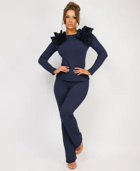 Navy Ruffle Frill Shoulder Ribbed Top And Trousers Loungewear Set