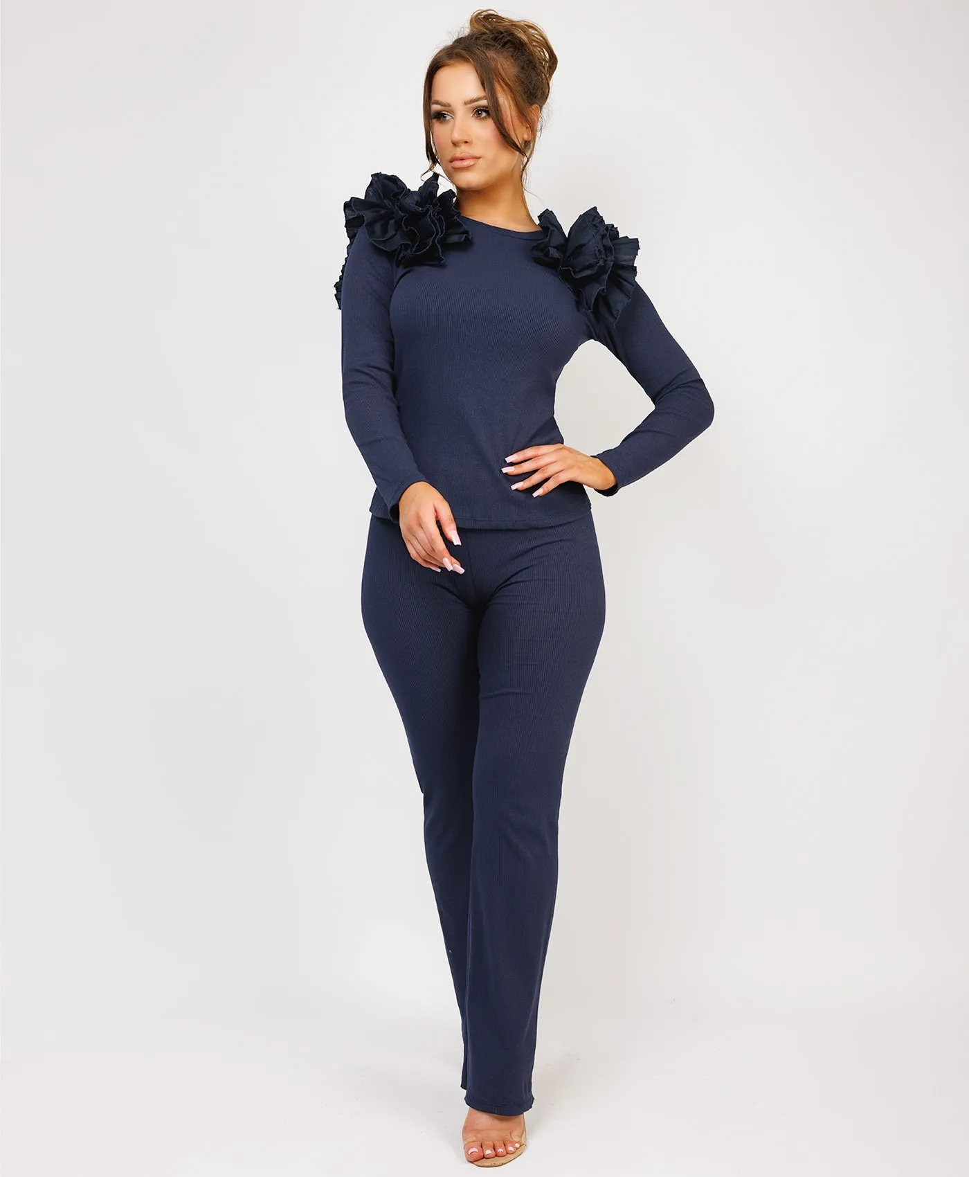 Navy Ruffle Frill Shoulder Ribbed Top And Trousers Loungewear Set