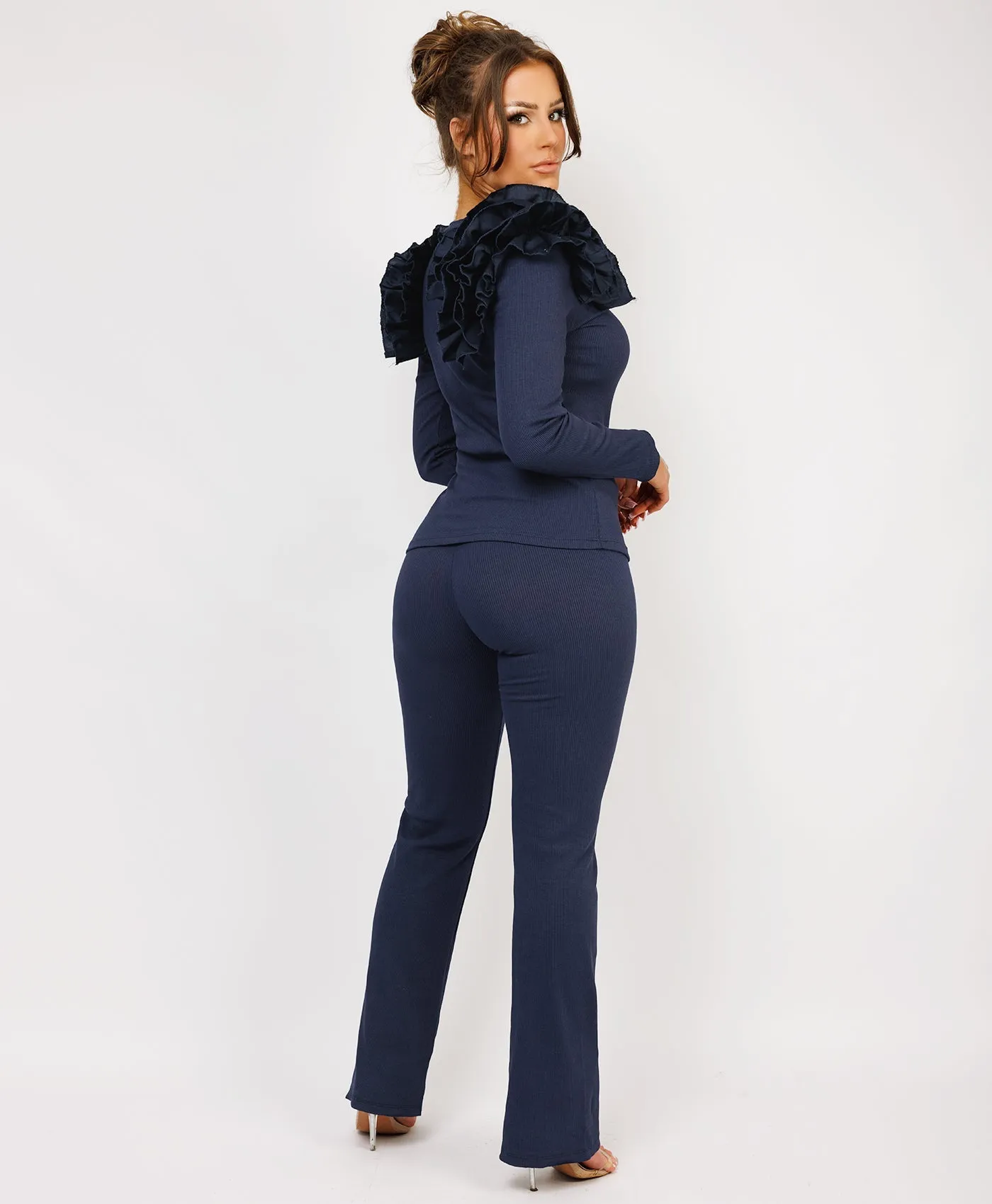 Navy Ruffle Frill Shoulder Ribbed Top And Trousers Loungewear Set