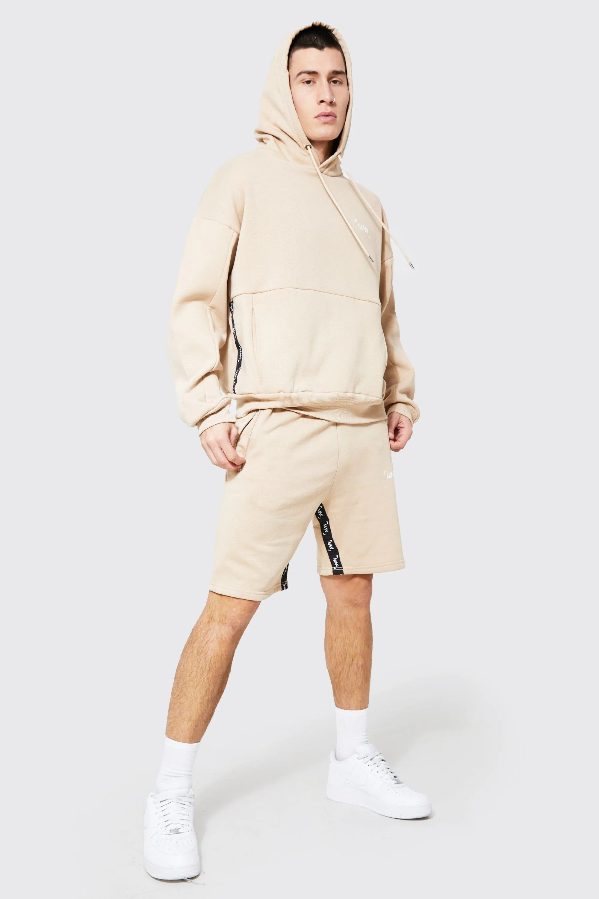 Oversized Short Tracksuit With Man Tape | boohooMAN UK