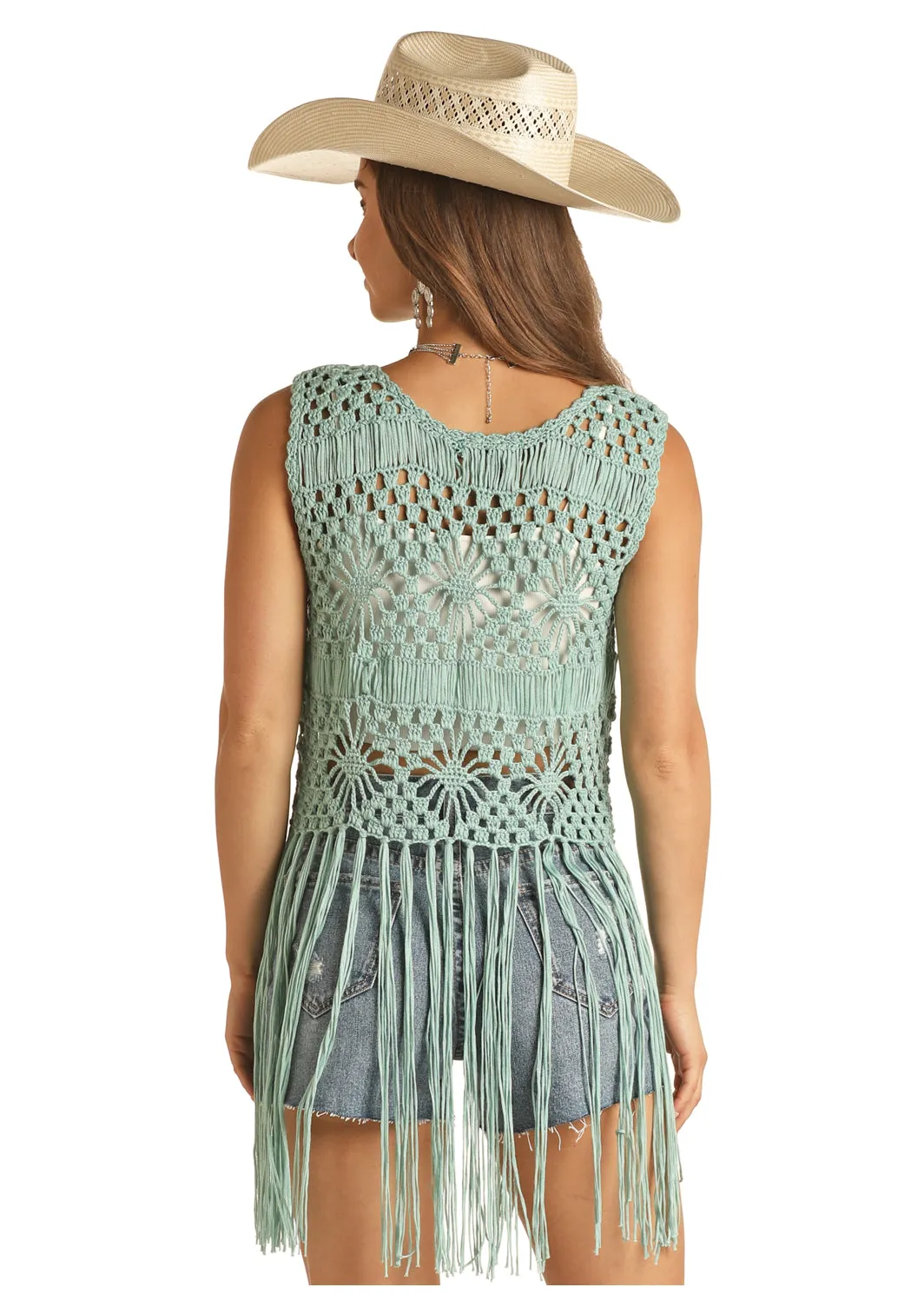 Panhandle Slim Women's Thigh Length Crochet Fringe Tie Front Vest