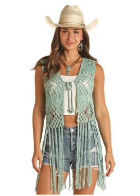 Panhandle Slim Women's Thigh Length Crochet Fringe Tie Front Vest