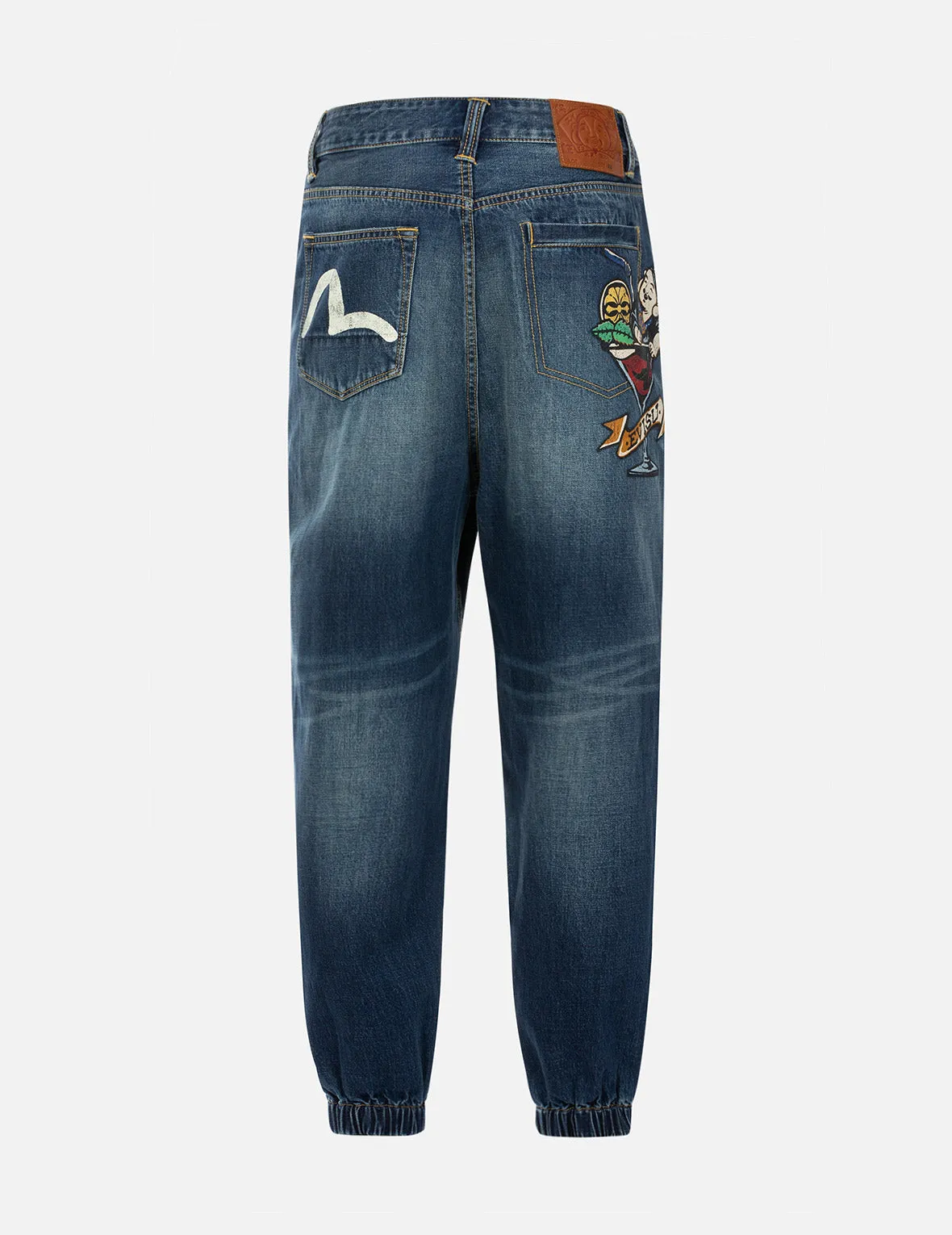 Playful Godhead Print Wide Leg Denim Joggers