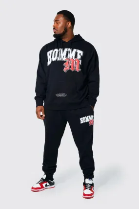 Plus Homme Varsity Graphic Hooded Tracksuit | boohooMAN UK