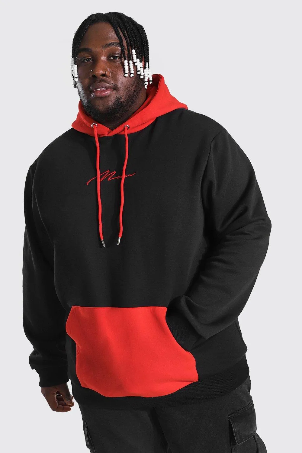 Plus Size Man Script Colour Block Hoodie | boohooMAN UK