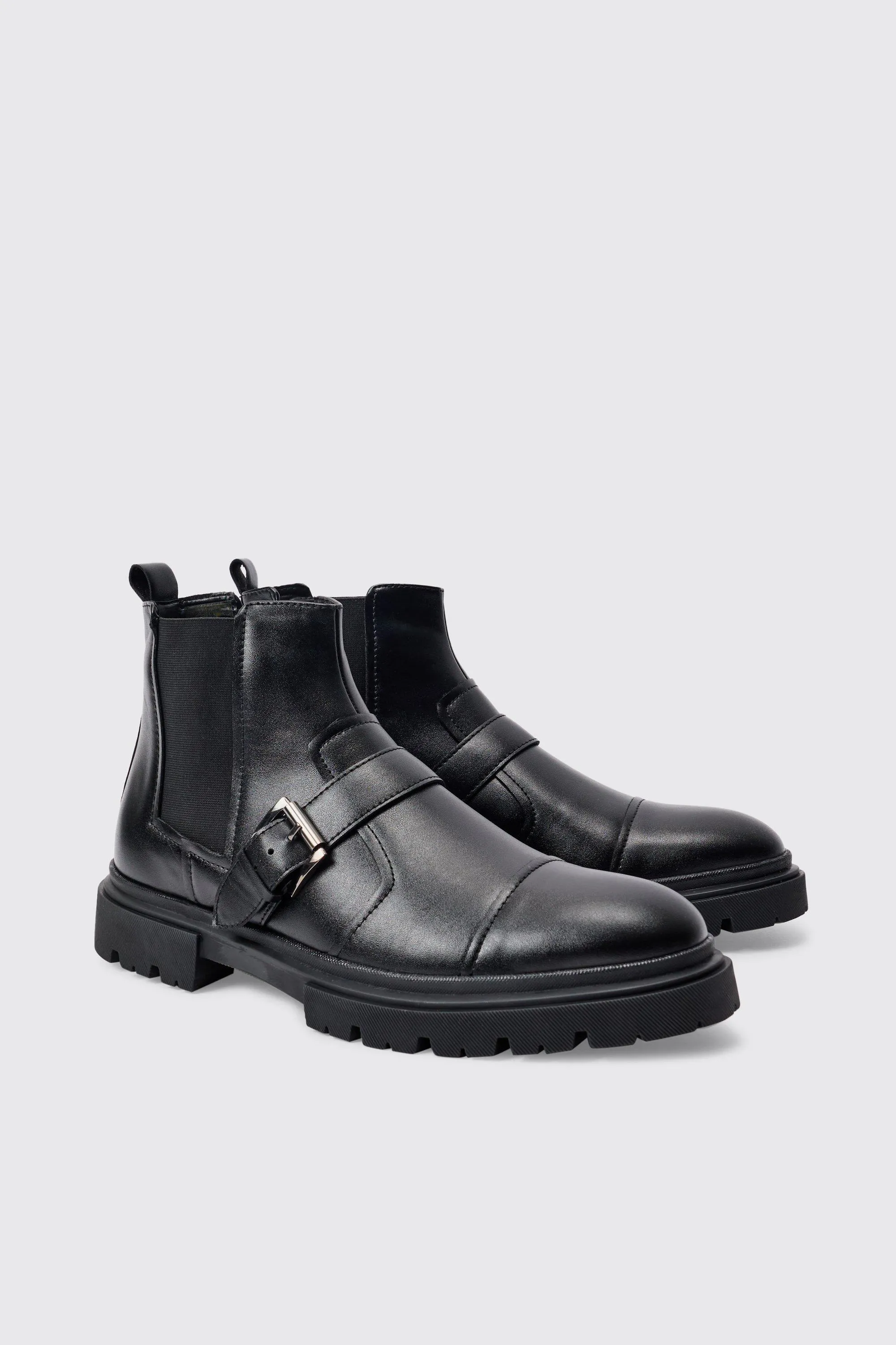 PU Strap Detail Chunky Boot In Black | boohooMAN UK