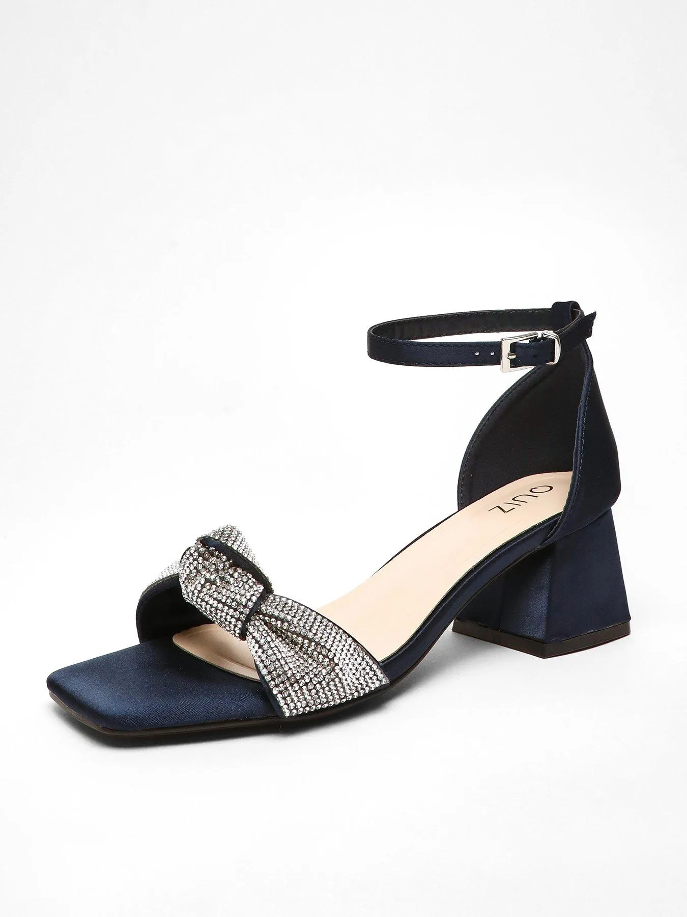 Quiz Navy Satin Diamante Knot Front Block Heeled Sandals