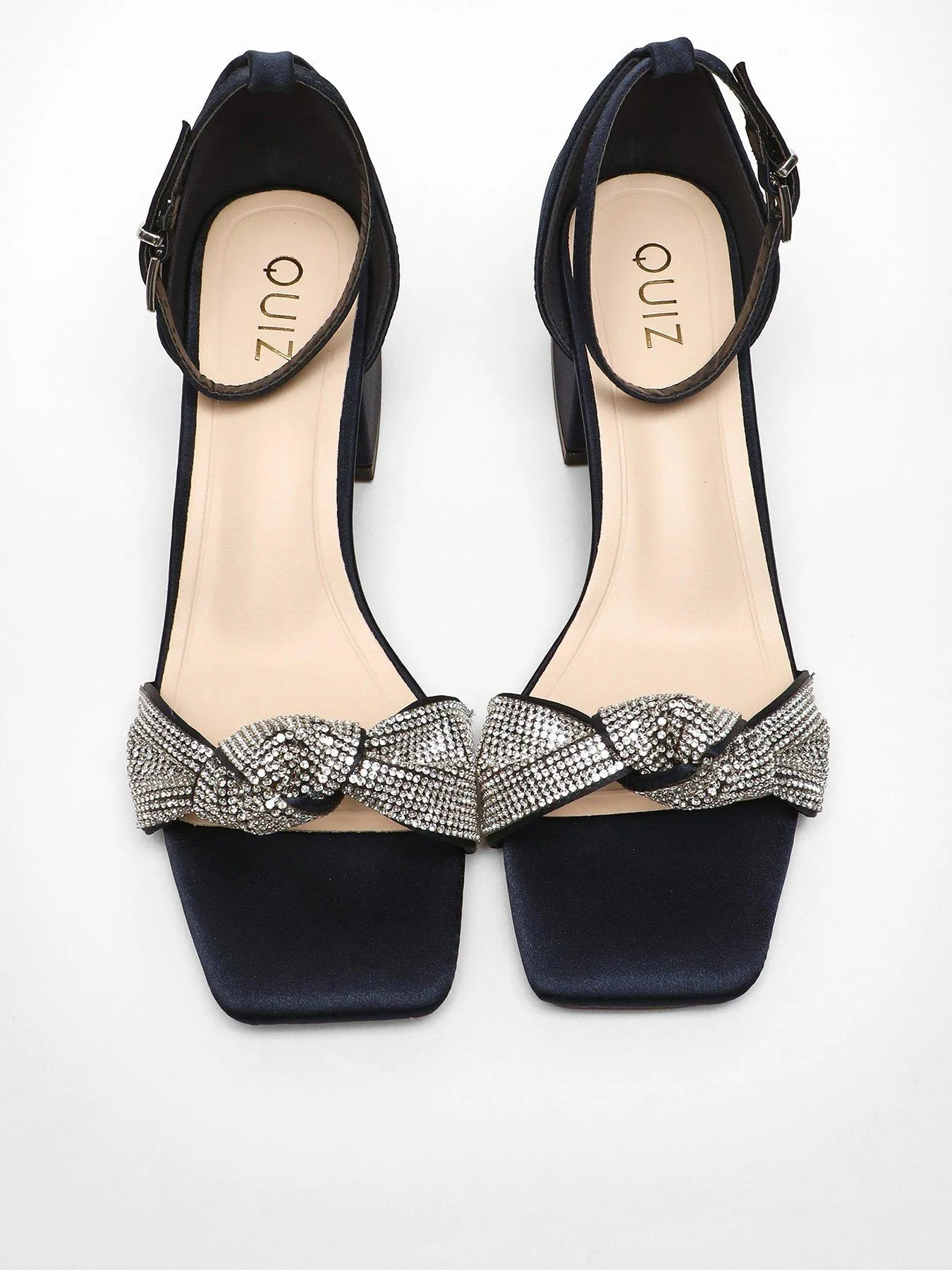 Quiz Navy Satin Diamante Knot Front Block Heeled Sandals