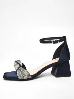 Quiz Navy Satin Diamante Knot Front Block Heeled Sandals