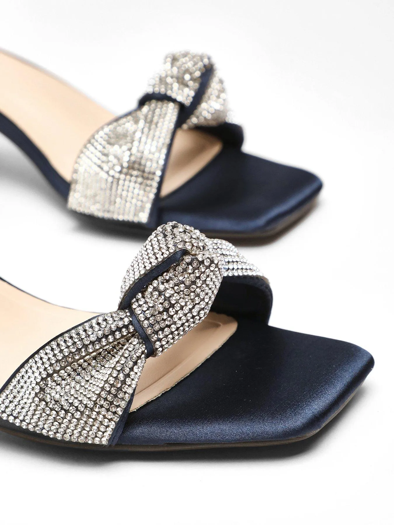 Quiz Navy Satin Diamante Knot Front Block Heeled Sandals