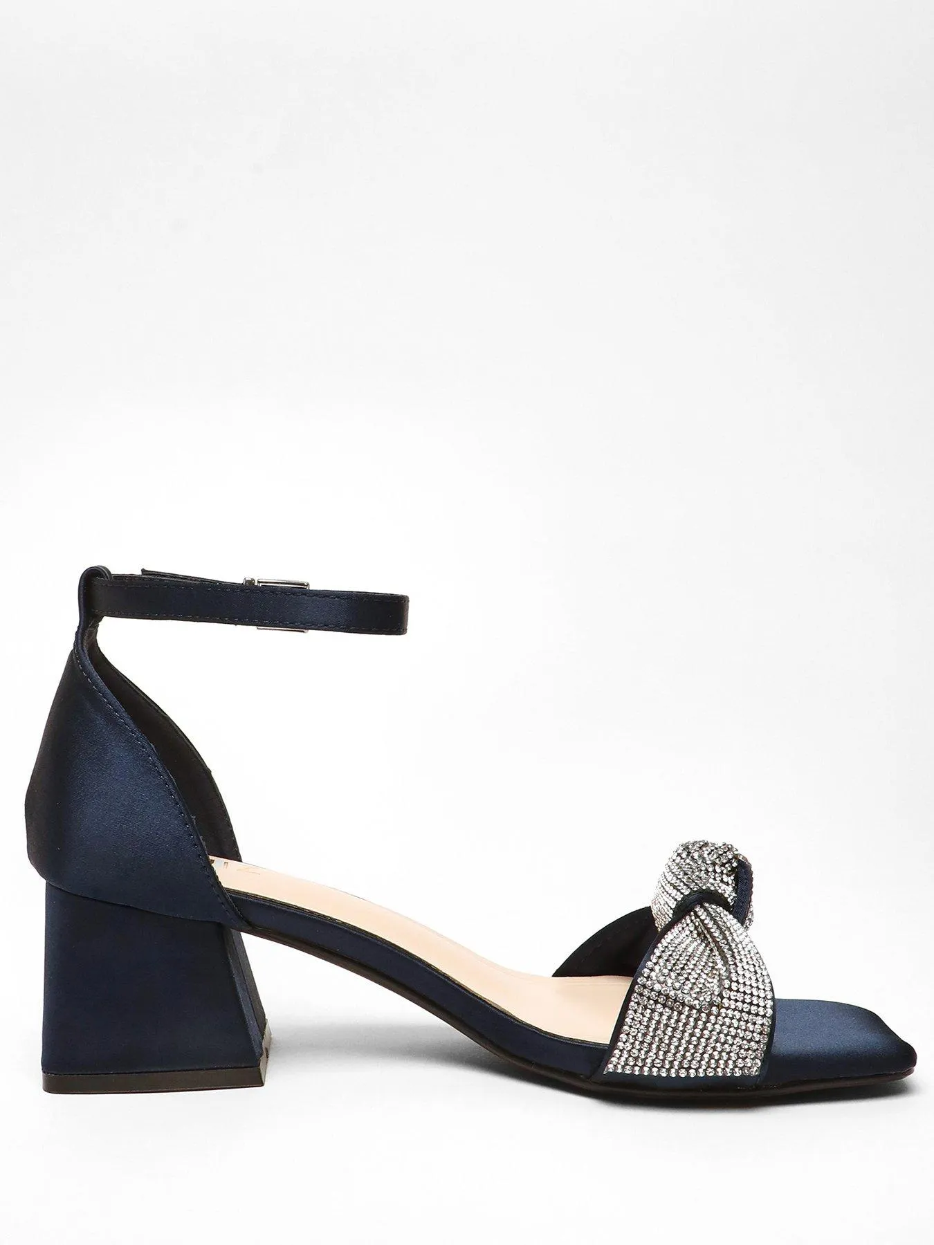 Quiz Navy Satin Diamante Knot Front Block Heeled Sandals